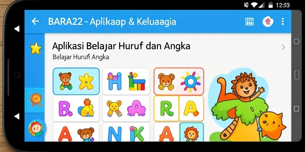 Antarmuka BARA22 yang cerah dan interaktif untuk belajar huruf dan angka.