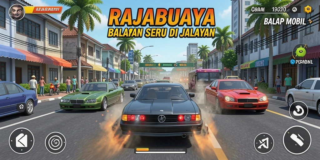 Tampilan antarmuka menarik dari RAJABUAYA dengan mobil balap yang siap melaju.